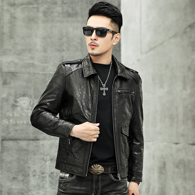 Henning genuine leather leather clothes men's single leather jacket with short oil waxed calf leather upturned locomotive clothes leather jacket Spring and autumn season jacket