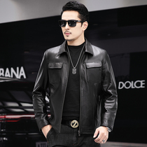 Cowhide leather men's short thin first layer leather youth business lapel motorcycle jacket multi-pocket autumn coat
