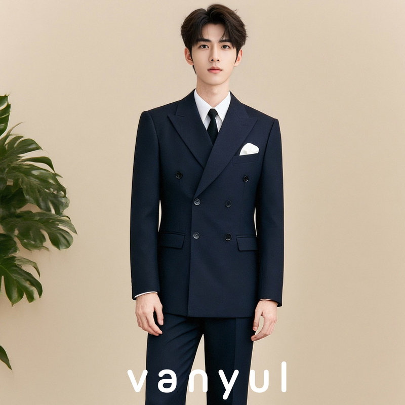 Vanyul High-End Men's Suit in Navy Blue, British Style Groom's Attire, Slim-Fit Business Double-Breasted Suit