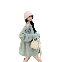 Xiaoxiangfeng sexy off-shoulder light green knitted sweater womens winter thickened loose versatile mid-length chic top