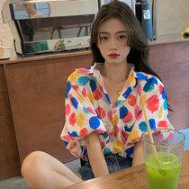 Large size 2021 summer Korean version of loose color matching balloon printing bubble sleeve shirt women's fashion trend Joker jacket