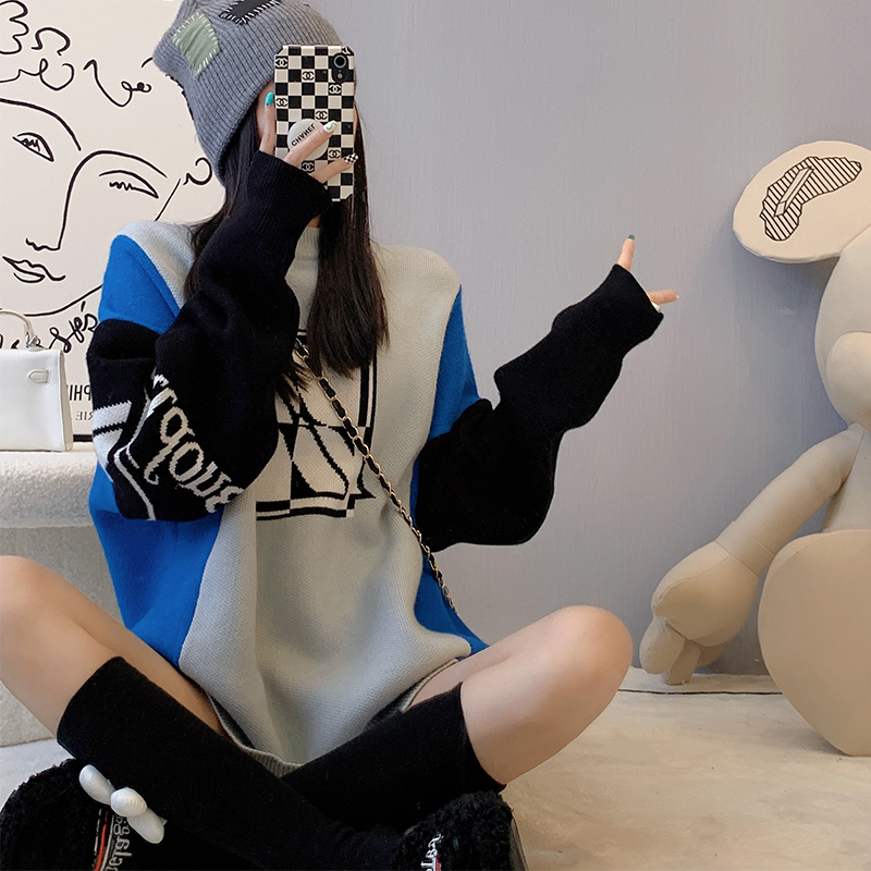 Hyun Ya style color-blocking knitted bottoming sweater sweater women's winter wear thickened design sense niche all-match casual chic top