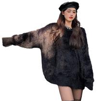 Hepburn style black furry sweater for women winter thickened mid-length loose outer wear chic top for women