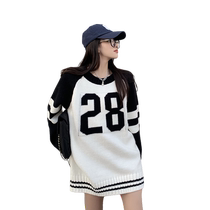 Harajuku style preppy baseball sweater womens autumn and winter mid-length contrasting number loose sweater top