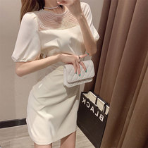 Large size 2021 summer heavy industry nail bead round neck slim temperament dress women's fashion trend waist A skirt
