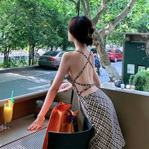 Large size 2021 summer sexy color matching moon print backless strap suspender dress women's slim A- line skirt