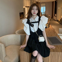 Large size 2021 summer slim French bubble sleeve shirt blouse bow strap dress two-piece set