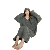 Gray V-neck knitted dress for women in autumn and winter new style loose thickened warm fashion lazy style sweater long skirt ins