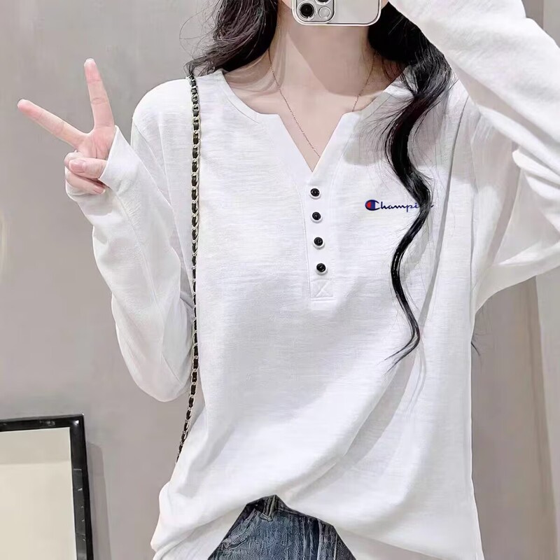 Japanese Version Champion 2026 Autumn New Embroidered Long-Sleeve Pure Cotton T-Shirt for Women, Casual V-Neck Top, Versatile Base Shirt, Trendy Japanese Version Champion 2026 Autumn New Embroidered Long-Sleeve Pure Cotton T-Shirt for Women, Casual V-Neck Top, Versatile Base Shirt, Trendy