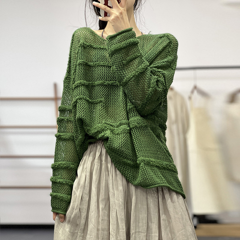 Spring Vintage Style Jacquard Hollow-Out Loose Pullover Casual Batwing Long-Sleeve Cotton Knit Sweater for Women