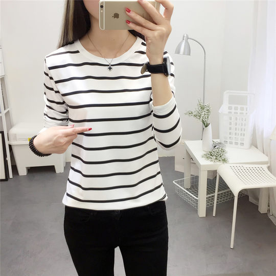 2024 New Spring, Autumn and Winter Autumn Clothes Striped Black and White Bottoming Shirts Women's Long Sleeve T-Shirts Versatile Tops