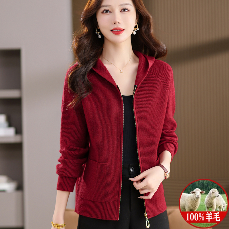 Red Zip-Up Sweater Cardigan for Women 2025 New Style Outerwear Hooded Sweatshirt Short Knit Top Loose Fit