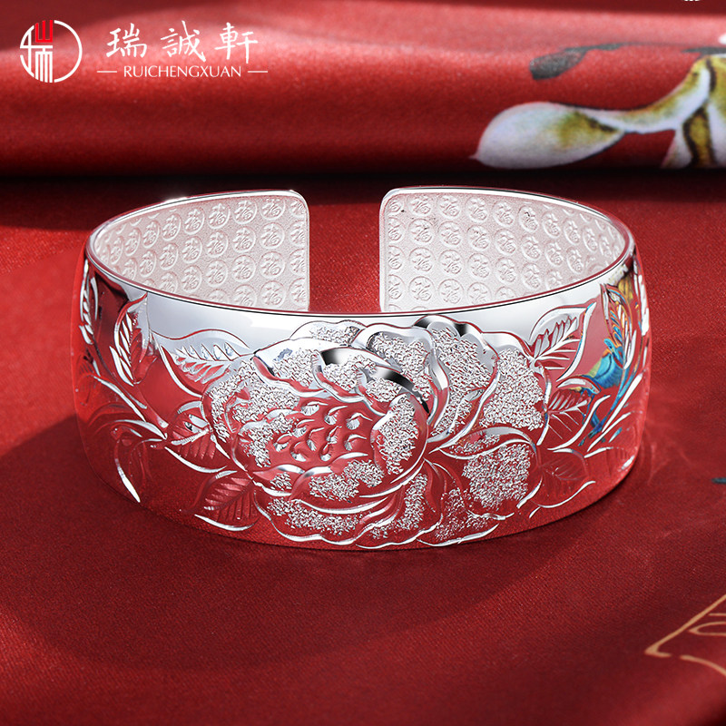 Silver bracelet woman pure silver 9999 fugui peony opening wide face foot silver bracelet for Mother's Day birthday present