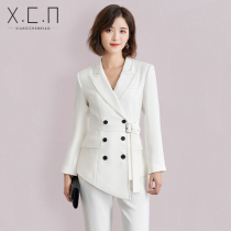 Xiang Chun Bird pure white blazer womens 2021 new fashion irregular suit double-breasted professional suit