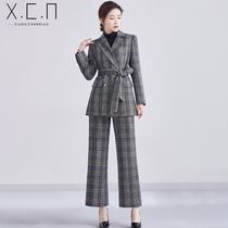 Xiang Chun Bird plaid wool professional suit suit female retro casual British style lace-up wool suit thickened