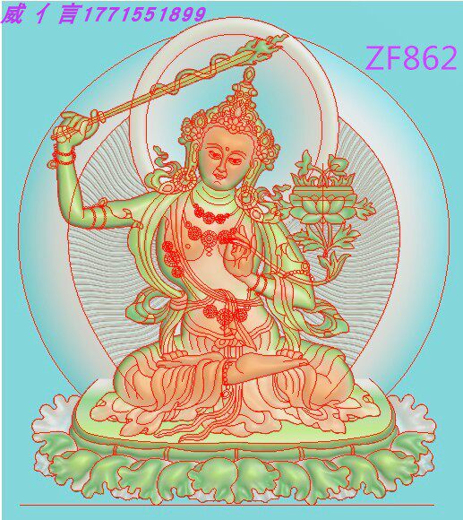 Tang Card boutique Manjusri Bodhisattva Buddha Long floating with Guanyin Sushi Sculpture Plot Computer Engraving Picture Grayscale Fig.