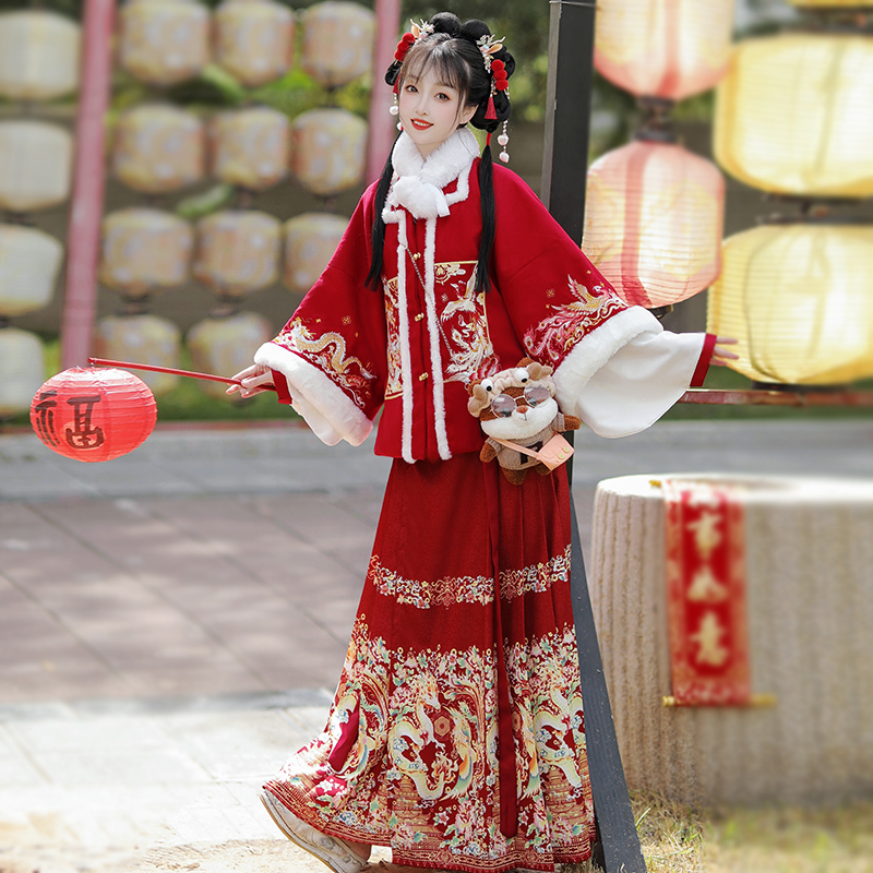 Dragon and Phoenix Auspicious New Year Hanfu Women's Horse Face Skirt Set 2025 New Winter Thickened Jacket and Skirt Ming Dynasty Style Ancient Costume