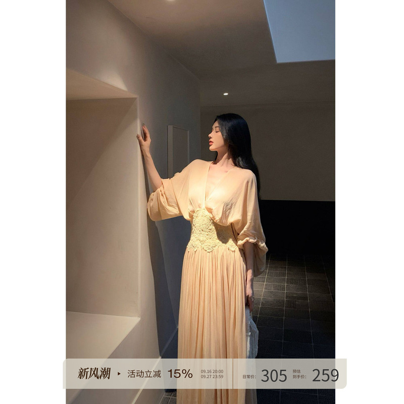 Liora's Gentle and Atmospheric Batwing Sleeve Lace Waist-Cinching Slimming and Flowing Holiday Maxi Dress for Women Liora's Gentle and Atmospheric Batwing Sleeve Lace Waist-Cinching Slimming and Flowing Holiday Maxi Dress for Women