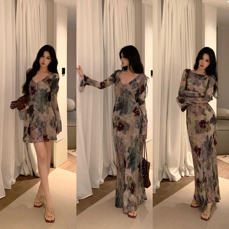 Liora "Heqingchi" French-Style Elegant Waist-Cinching Slimming Printed Dress with Bell Sleeves N260601
