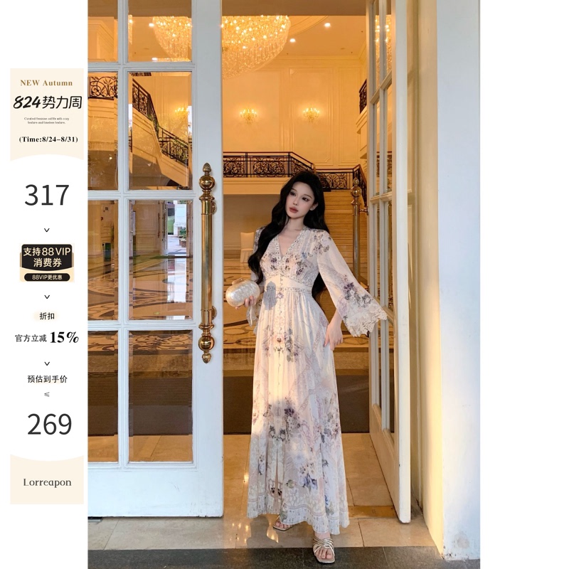 Liora “Morning Dew” French Elegant Style V-Neck Waist-Slimming Vacation-Style Dress 26730 Liora “Morning Dew” French Elegant Style V-Neck Waist-Slimming Vacation-Style Dress 26730