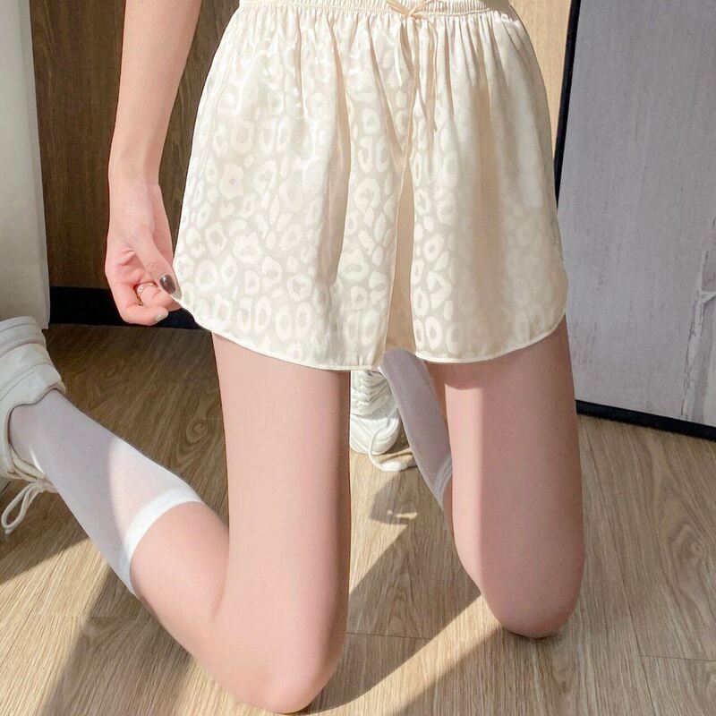 Leopard Print Satin Shimmering Safety Shorts for Girls, Can Be Worn Outside, Loose-Fitting Leggings, Women's Shorts, Casual Summer Beige