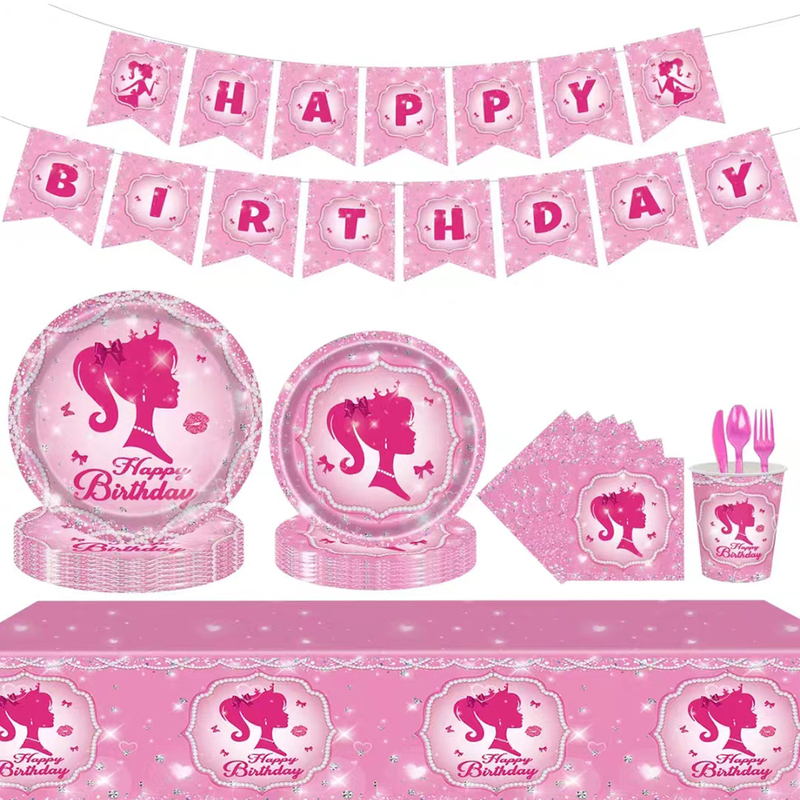 Girl's Birthday Party Decoration Tableware Set Pink Barbie Theme Paper Plates Cups Tablecloth Flags Balloons