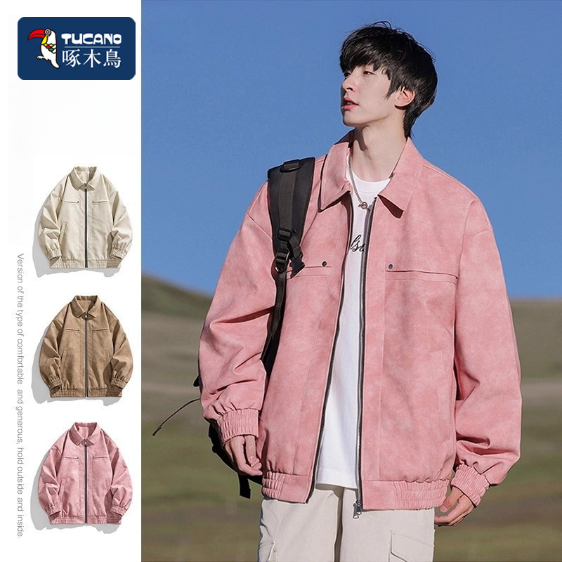 Tucano/Woodpecker Pink Lapel Leather Jacket Men's Spring and Autumn 2025 New American Style Trendy Brand Leather Jacket