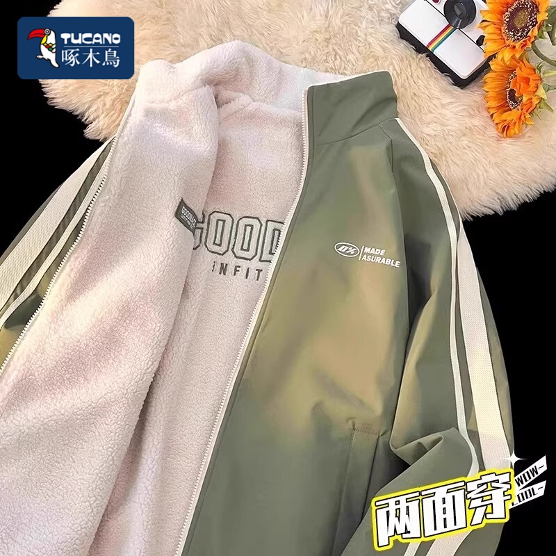 Woodpecker Reversible Lamb Wool Jacket for Men 2026 New Autumn and Winter Fleece-Lined Thickened Trendy Brand Youth Jacket