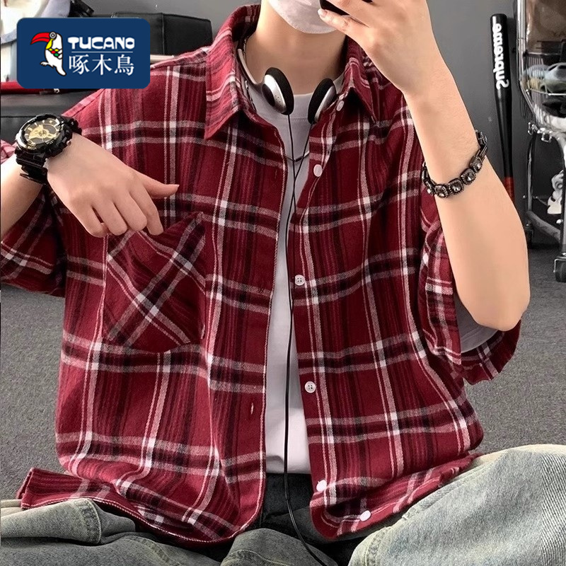 Woodpecker American Retro Red Plaid Shirt Summer Cool Workwear Shirt Loose Casual Couple Jacket Trendy