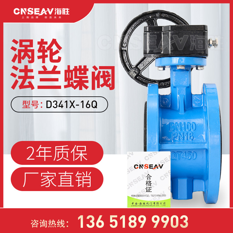 Turbine flange butterfly valve D341X-16Q soft seal ductile iron DN50~DN1200 GB heavy body protection overvoltage