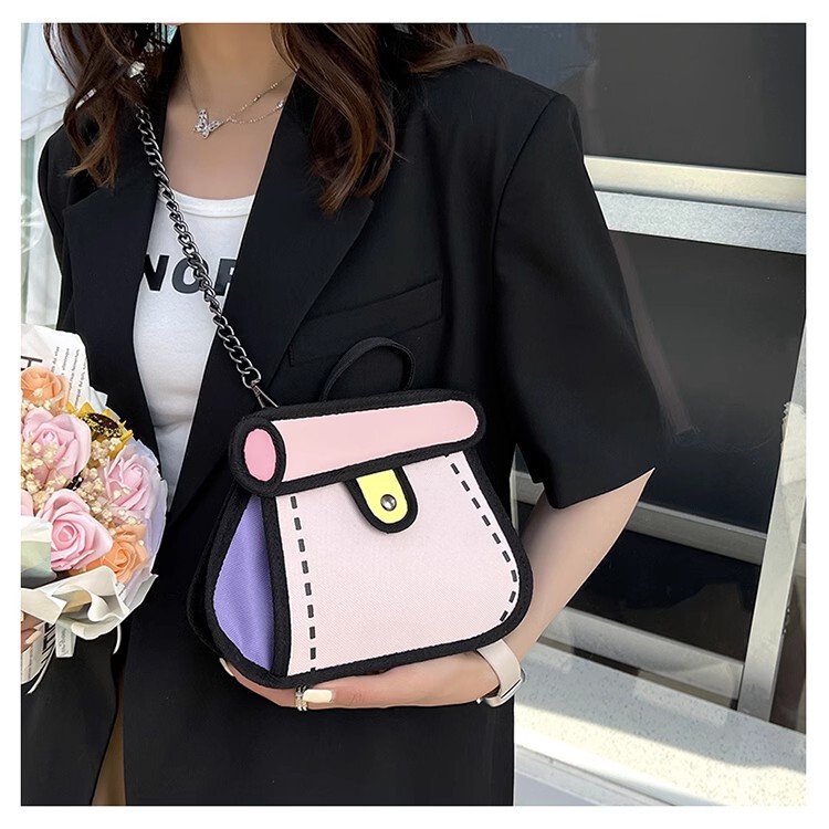Jump from Paper New Two-Dimensional Cartoon Chain Bag Canvas Crossbody Bag Color-Blocking Cake Bag