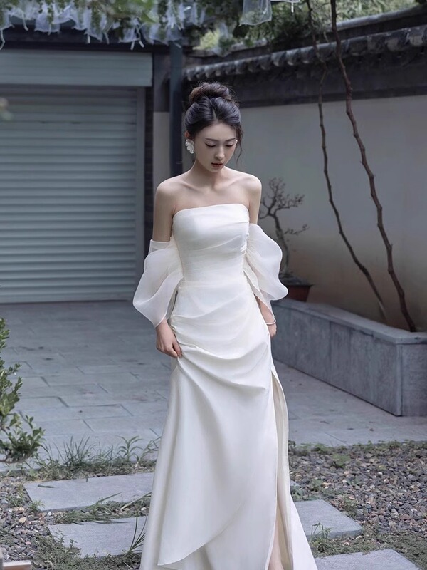 Evening Dress, High-End Light Luxury, Niche Adult Ceremony Dress, Engagement Banquet Dress, Bride's Light Wedding Dress, Strapless Robe, Morning Gown, Going-Out Dress