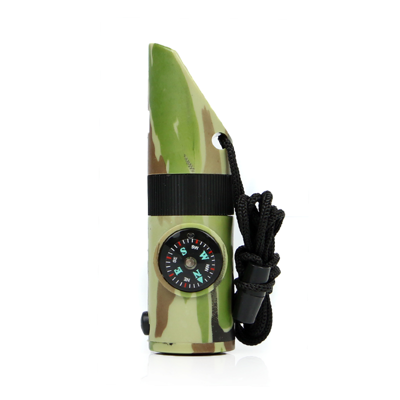 Seven-in-one multi-function whistle outdoor survival whistle with LED lights plain green whistle thermometer compass