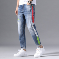 2020 Spring Hong Kong High-end Tide Brand Jeans Men Slim Feet Korean Fashion Painting Casual Long Pants Men