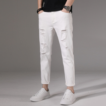 Hong Kong high-end summer thin white jeans mens hole Tide brand Slim foot ankle-length pants mens summer