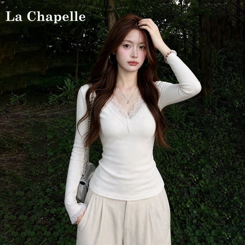 La Chapelle White Lace Pure Desire Long-Sleeve T-Shirt for Women, 2026 New Autumn Style, Petite V-Neck Slimming Top