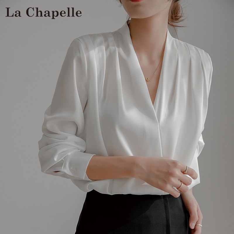 La Chapelle White V-Neck Satin Shirt for Women, Summer 2026 New Style, High-End Glossy Commuter Jacket Shirt