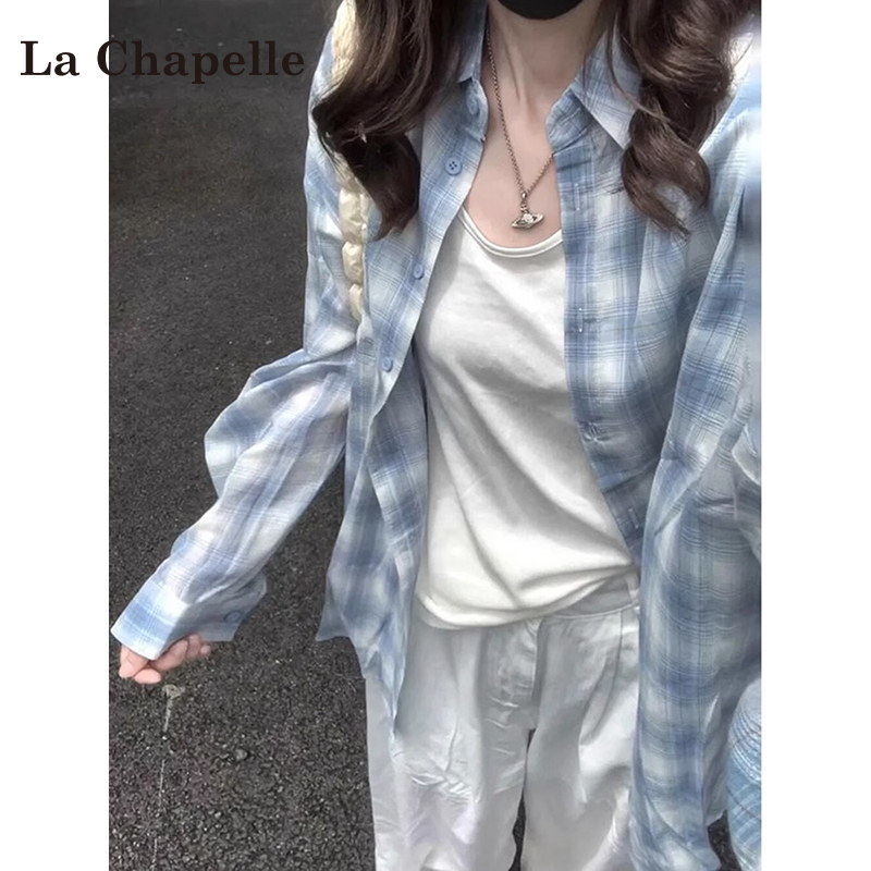 La Chapelle レイジースタイル ブルー チェック柄 長袖シャツ レディース 2025年夏新作 ゆったり スリム 日焼け止めシャツ