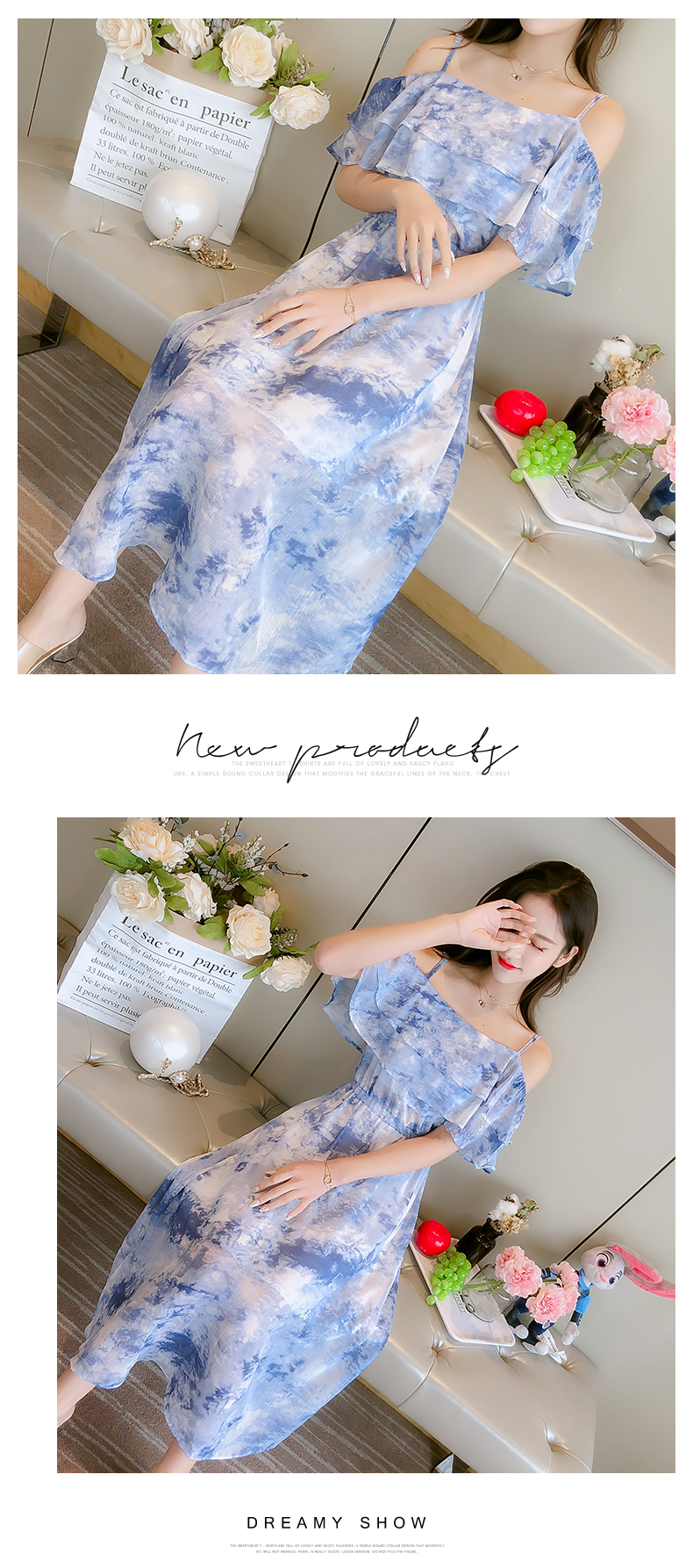 VK旗艦店 韓系小清新荷葉邊雪紡吊帶短袖洋裝