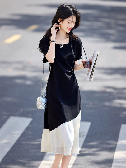 法式优雅赫本风连衣裙夏季新款收腰显瘦撞色拼接方领减龄小黑裙