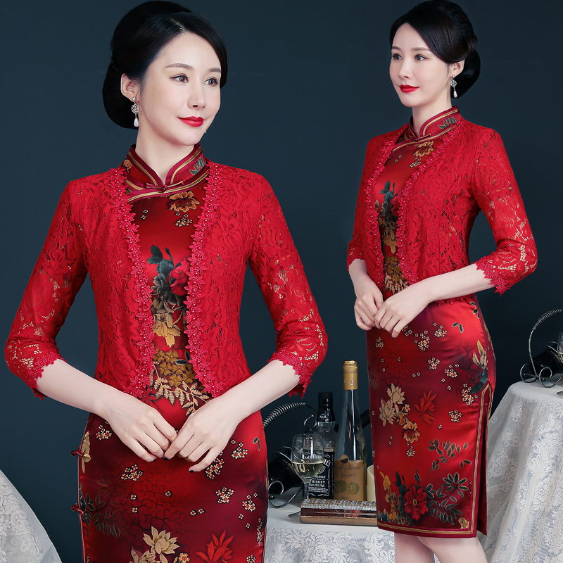 Trendy Red Cheongsam Shawl for Wedding, Summer Lace Cardigan for Mother of the Bride, Suitable for Mother-In-Law at Wedding Banquet