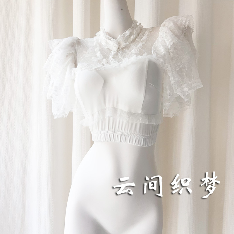 Retro French Lolita Style Fluffy Puff Sleeves White Lace Mesh Ruffled Jk Shirt with Breast Pads Retro French Lolita Style Fluffy Puff Sleeves White Lace Mesh Ruffled Jk Shirt with Breast Pads