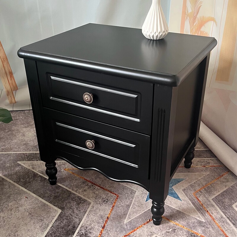 American Retro Style Solid Wood Bedside Table Walnut Black Double Drawer Storage Cabinet Bedroom Storage Bedside Cabinet No Installation Required