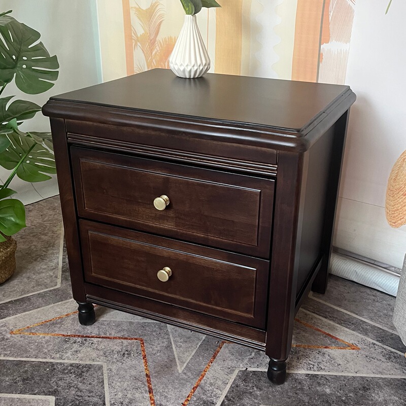 Modern Simple Solid Wood Bedside Table American Style Home Bedside Storage Cabinet Bedroom Square Dark Double Drawer Storage Cabinet