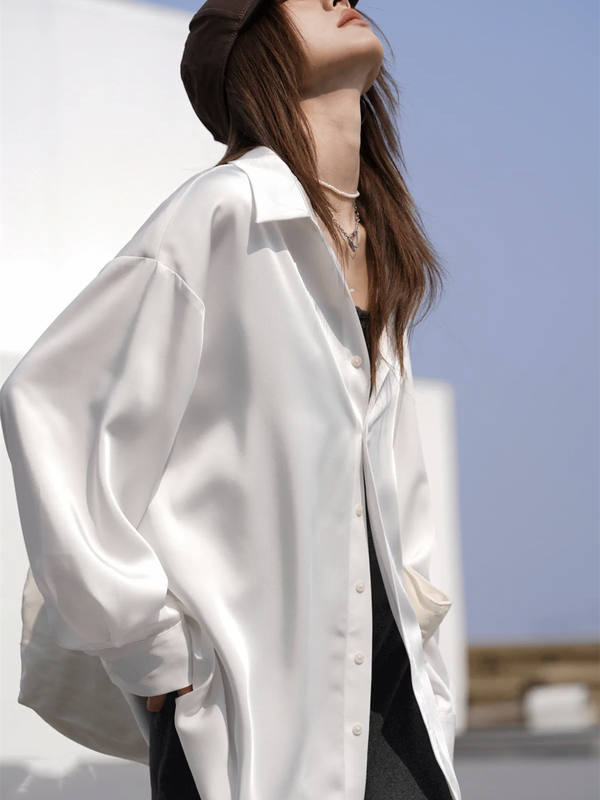 2026 New Hong Kong Style White Satin Shirt, Loose Casual Long-Sleeved Top, Sun Protection Shirt, Lazy Style Shirt for Outerwear 2026 New Hong Kong Style White Satin Shirt, Loose Casual Long-Sleeved Top, Sun Protection Shirt, Lazy Style Shirt for Outerwear