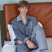 The official flagship store of Loris official flagship store mens island velvet pajamas thin cotton autumn and winter milk velvet thin fleece set