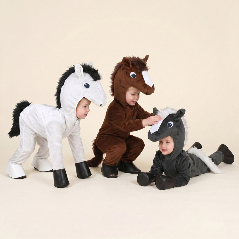 Children's Day Pony Crossing the River Performance Costume, Handsome Horse Costume in White, Black, and Brown, Party Performance Costume