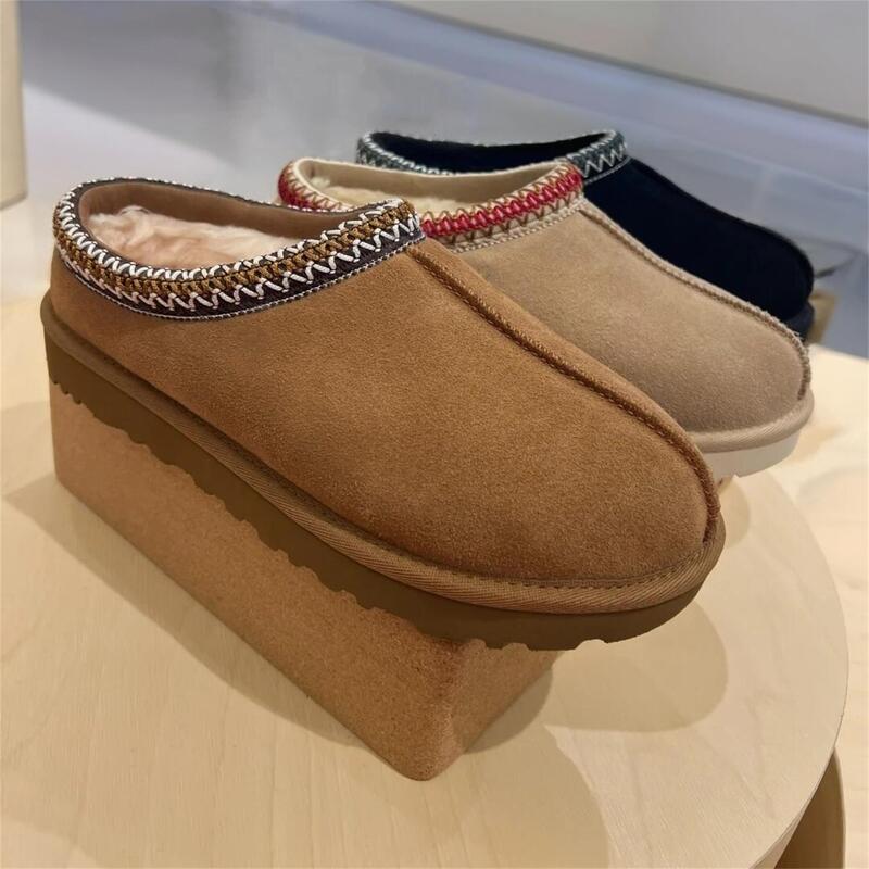 Sangpo Fur-Lined Snow Boots for Women, Flat Tazz Loafers, Ethnic Style Closed-Toe Wool Slip-On Shoes for Men