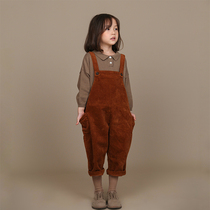 Haji childrens clothing autumn new products mens and womens childrens retro corduroy bib pants All-match cotton big butt pants