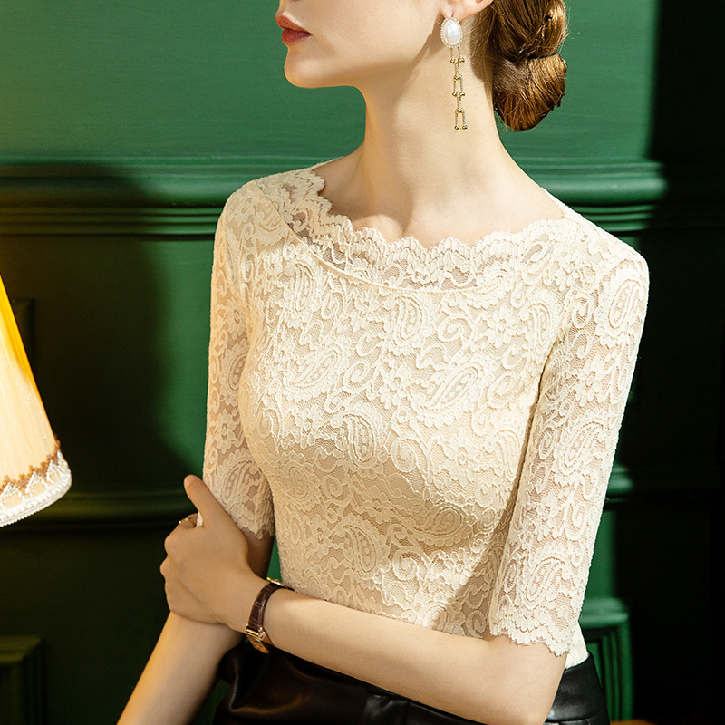 2026 Spring New Off-Shoulder Lace T-Shirt for Women, Five-Quarter Sleeves, Slim Fit, Stylish Half-Sleeve Women's Top, Mid-Sleeve